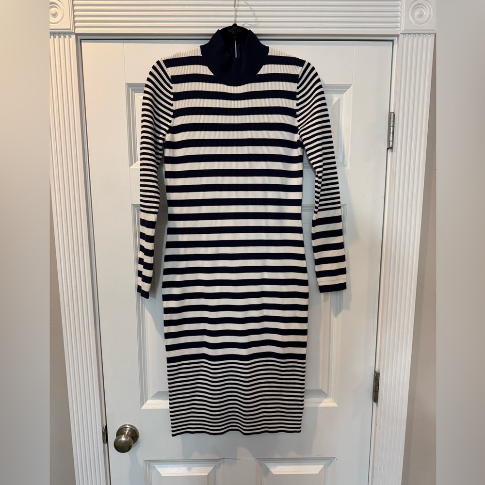 Michael Kors Navy and White Striped Long Sleeve Knit Dress